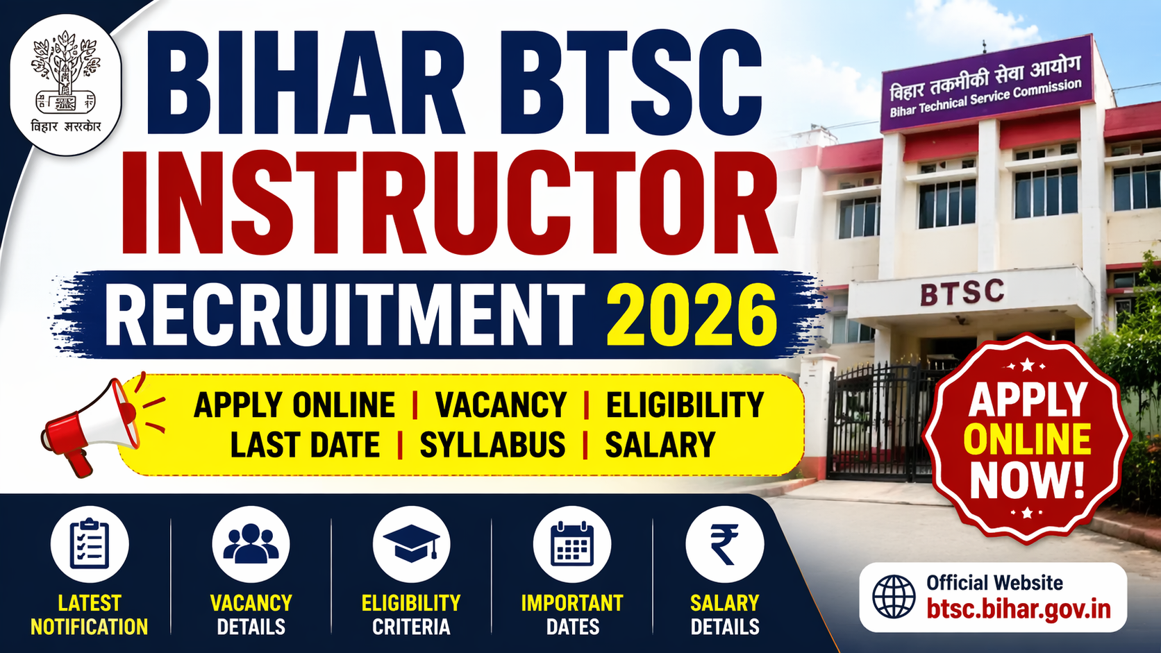 Bihar BTSC Instructor Recruitment 2026 apply online notification vacancy eligibility last date salary details