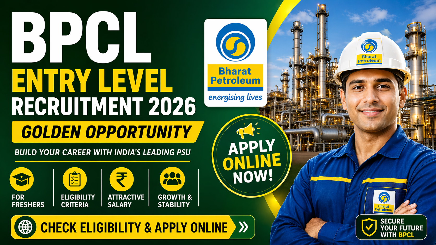 BPCL Entry Level Recruitment 2026 golden opportunity banner showing apply online, eligibility and salary details