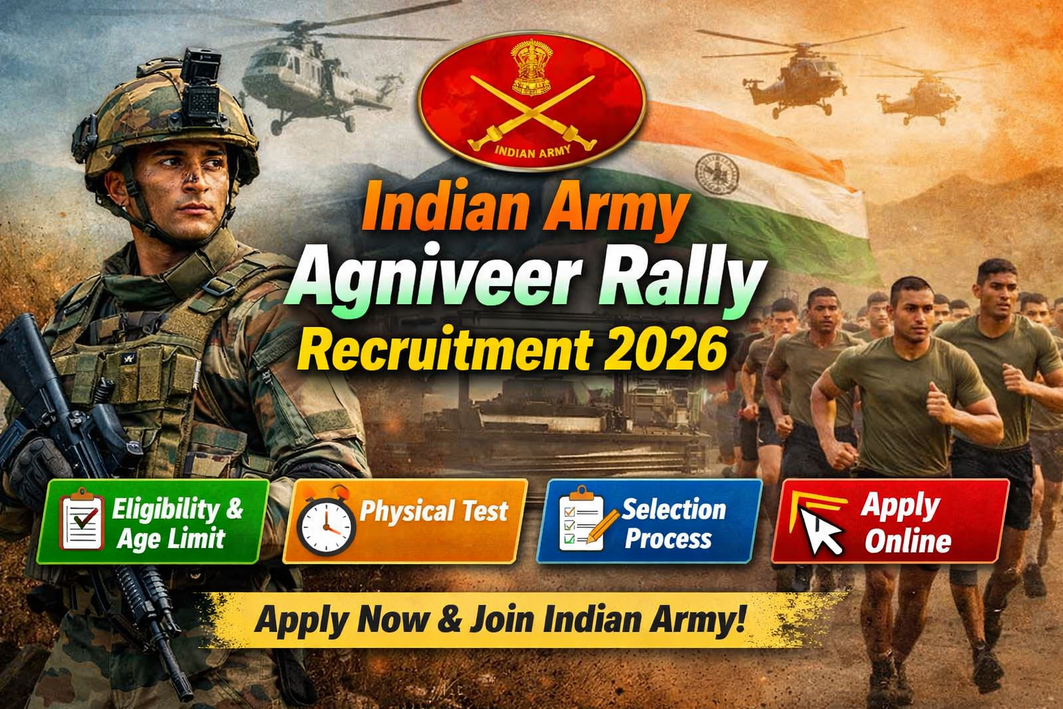Indian Army Agniveer Rally Recruitment 2026 banner with eligibility age limit physical test and apply online details