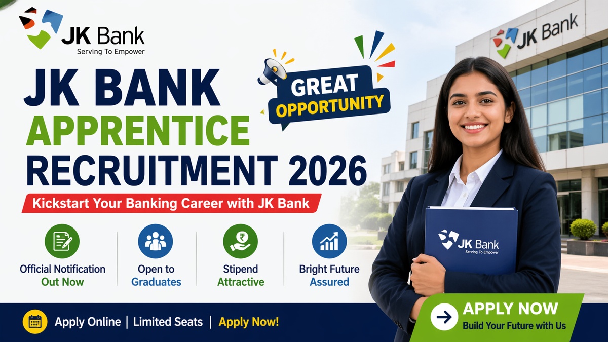 JK Bank Apprentice Recruitment 2026 banner showing apply online opportunity for graduates with bright banking career
