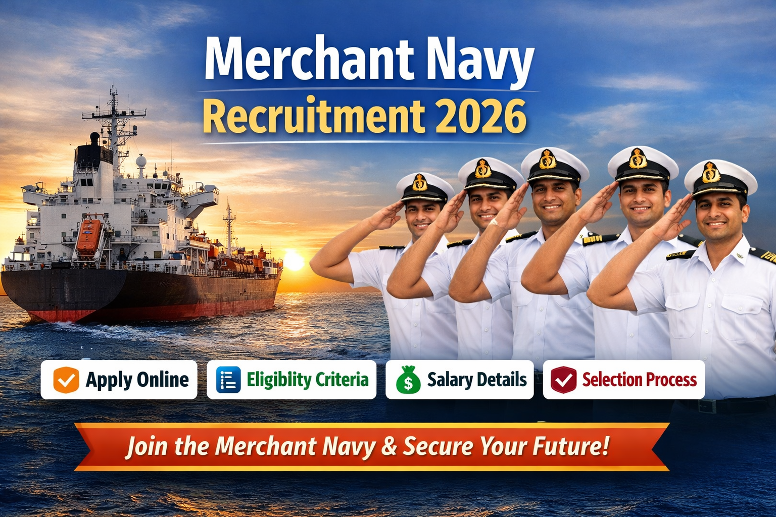 Merchant Navy Recruitment 2026 banner with cargo ship and navy officers showing apply online, eligibility, salary and selection process