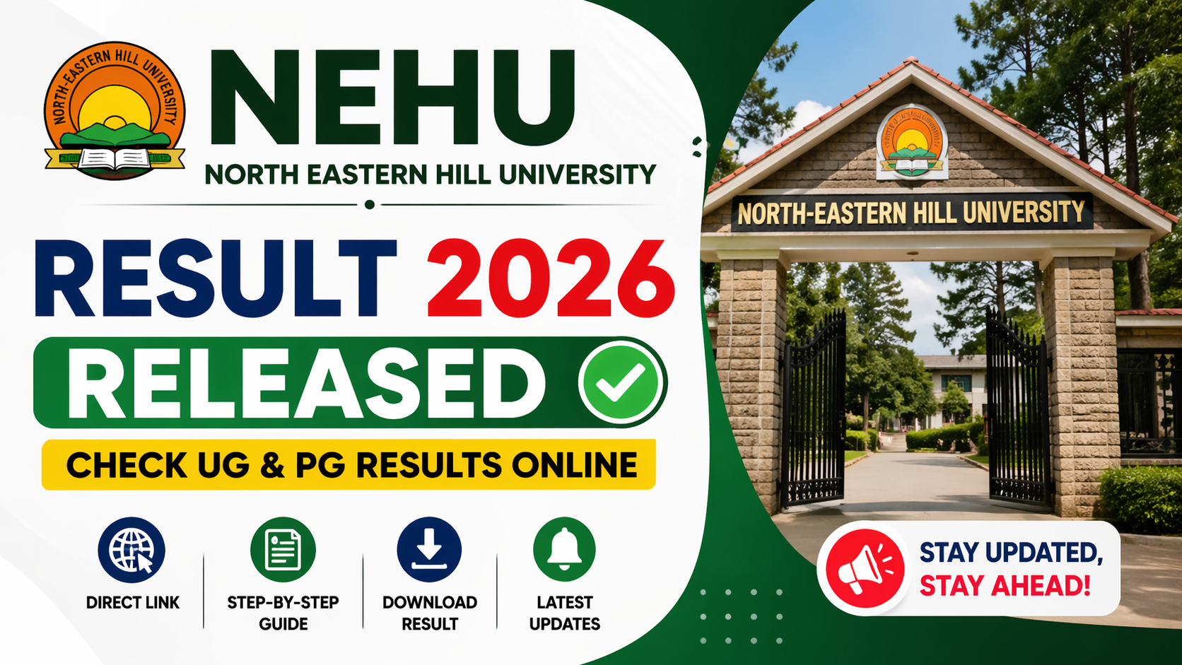 NEHU Result 2026 released check UG PG semester results online North Eastern Hill University result banner